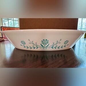 Glasbake Divided Casserole Dish J-2352 Milk Glass with teal Crazy Daisy pattern
